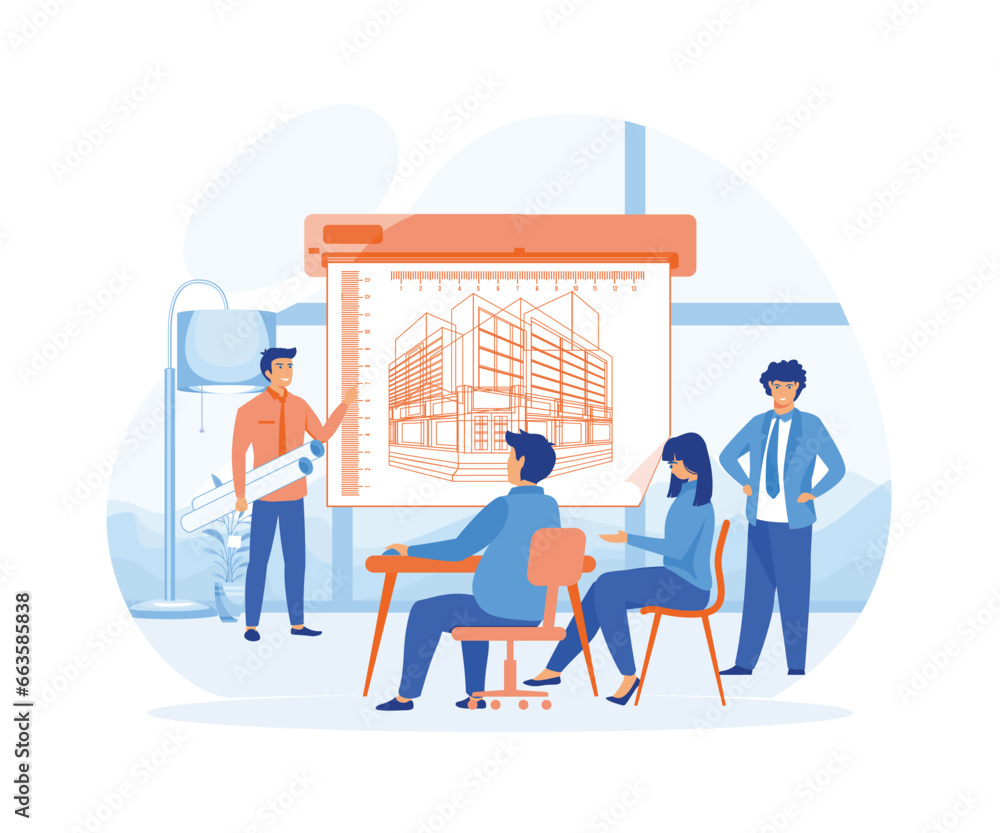 Man Architect Showing Drawing Building on Board to Businesspeople Engineers Group. flat vector modern illustration 