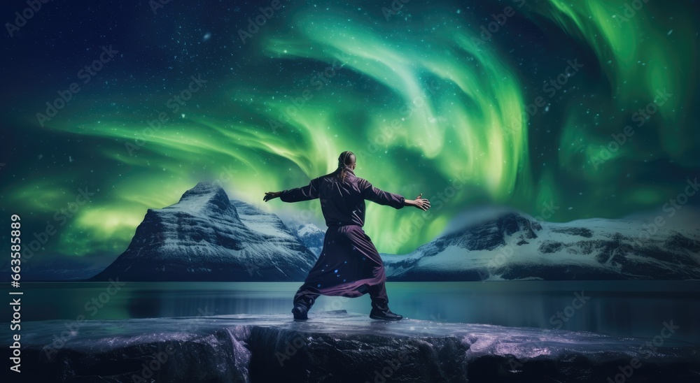 Obraz premium A man standing on top of a rock with a vibrant sky in the background