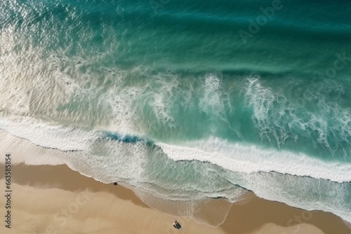 Top view of a summer beach with soft blue ocean waves. Generative AI