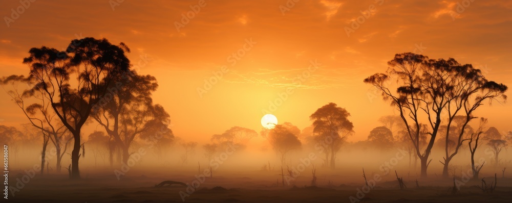 A misty field with sun rays peering through the trees