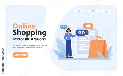 E-commerce web banner or landing page. Female character shopping