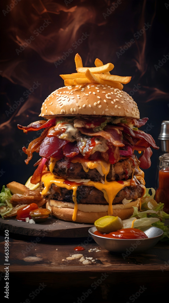 Juicy big burger with with ground beef patty, lettuce, bacon, onions, tomatoes and cucumbers. Food advertisement
