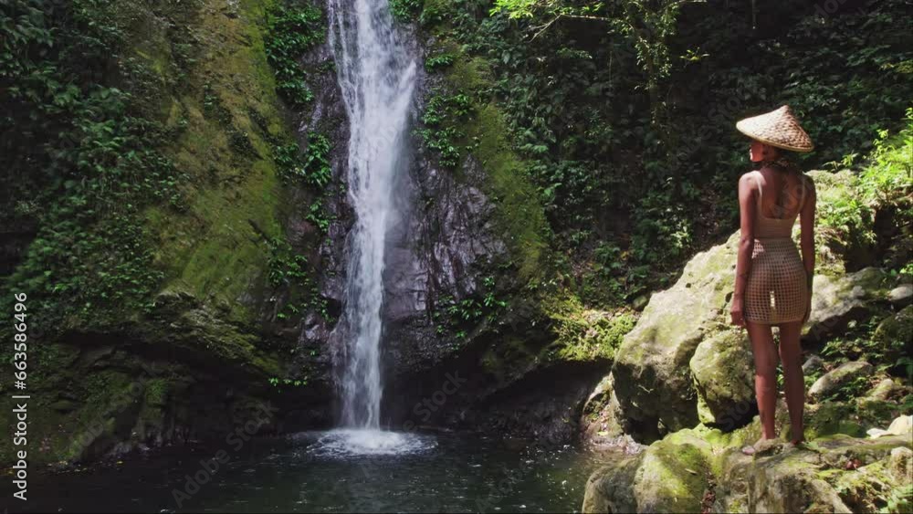 Back View Of A Young Woman Gazing At A Waterfall