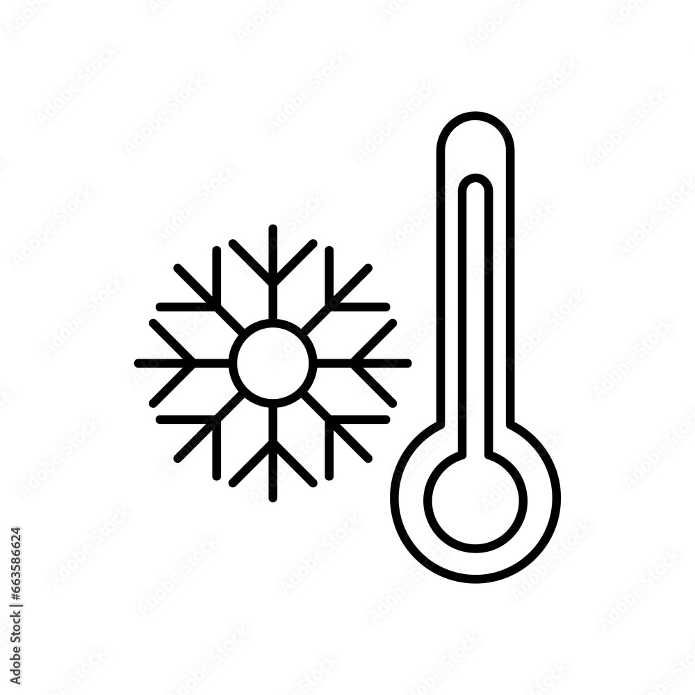 Thermometer and snowflake line icon, Cold winter weather symbol flat illustration on white background..eps Thermometer and snowflake line icon, Cold winter weather symbol flat illustration on white background..eps