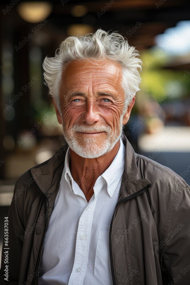 A distinguished gentleman exudes an ageless charm against an outdoor backdrop. His sun-kissed skin accentuates the rugged contours of his visage, hinting at a life rich in experiences A distinguished gentleman exudes an ageless charm against an outdoor backdrop. His sun-kissed skin accentuates the rugged contours of his visage, hinting at a life rich in experiences