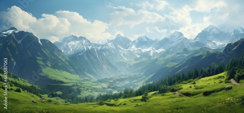 A scenic green valley with majestic mountains in the backdrop