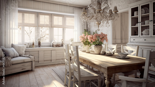 Interior design inspiration of Farmhouse Shabby Chic style home dining room loveliness decorated with Wood and Lace material and Chandelier .Generative AI home interior design © Ziyan Yang