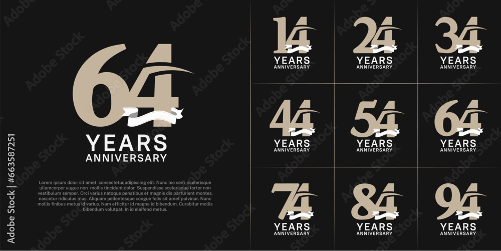 set of anniversary logo with soft brown color number, swoosh and white ribbon can be use for celebration
