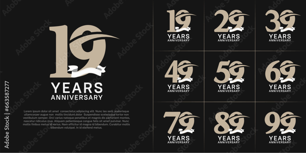 set of anniversary logo with soft brown color number, swoosh and white ribbon can be use for celebration