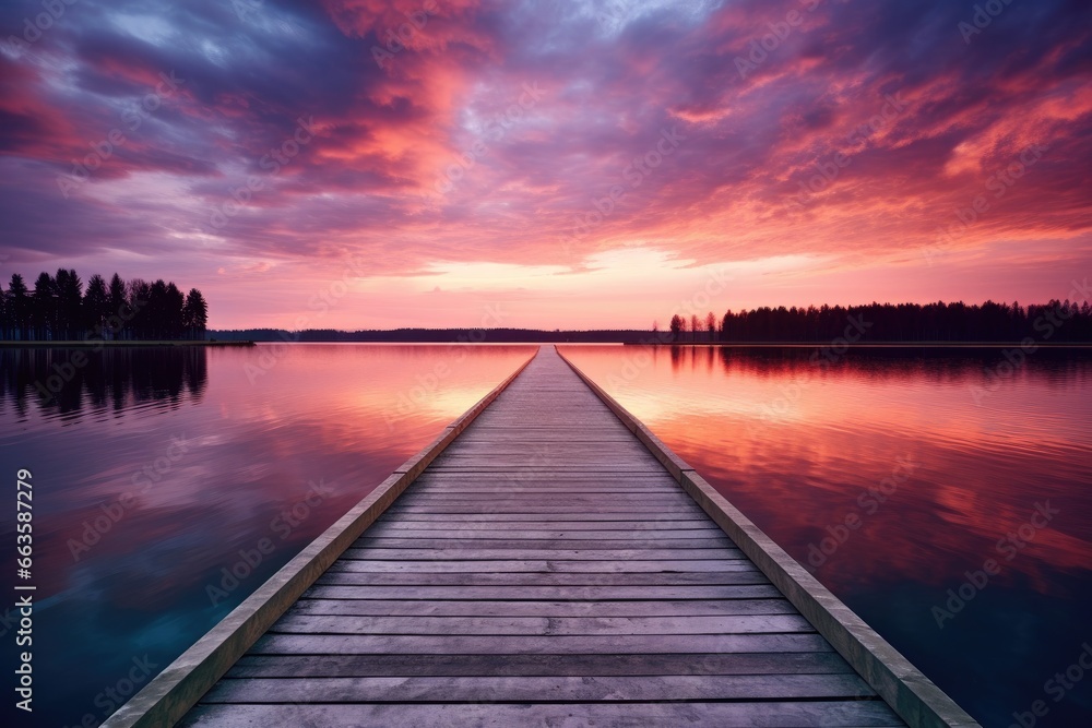 A dock in the middle of a serene body of water