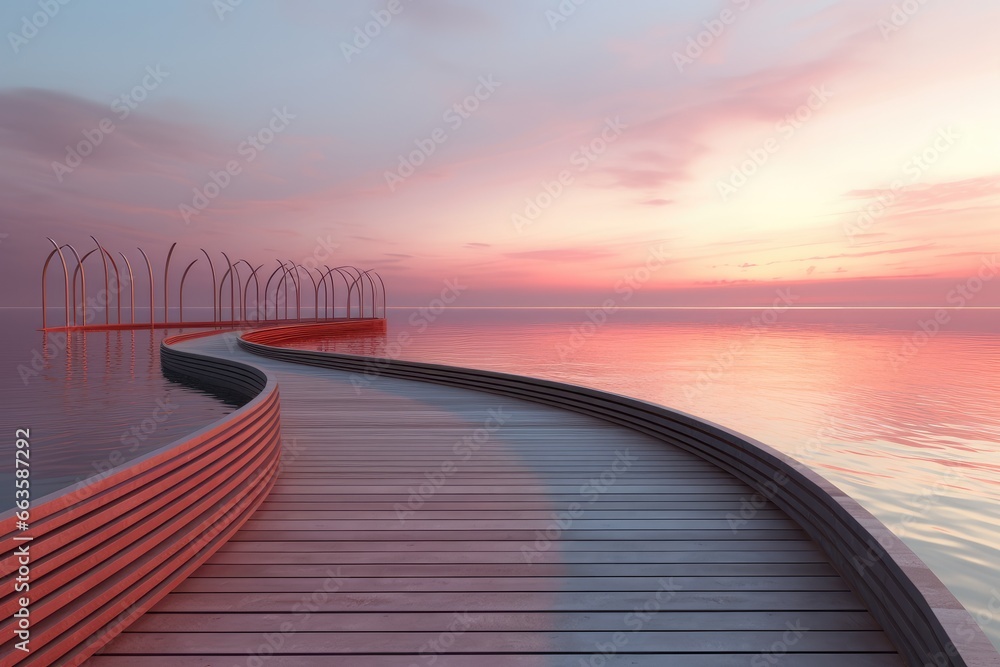 Fototapeta premium A wooden walkway leading to a serene waterfront scene
