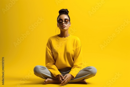 A woman meditating in a lotus position on a vibrant yellow background