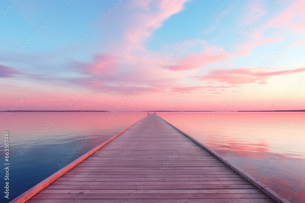 Obraz premium A serene sunset over a peaceful lake with a long wooden dock stretching into the distance