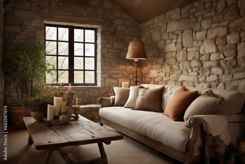 Cozy and inviting living room featuring stone walls and a comfortable linen sofa. Generative AI - obrazy, fototapety, plakaty 