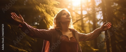 A woman embracing nature in a peaceful forest setting