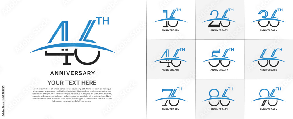 set of anniversary logotype black and blue color with swoosh for special celebration event
