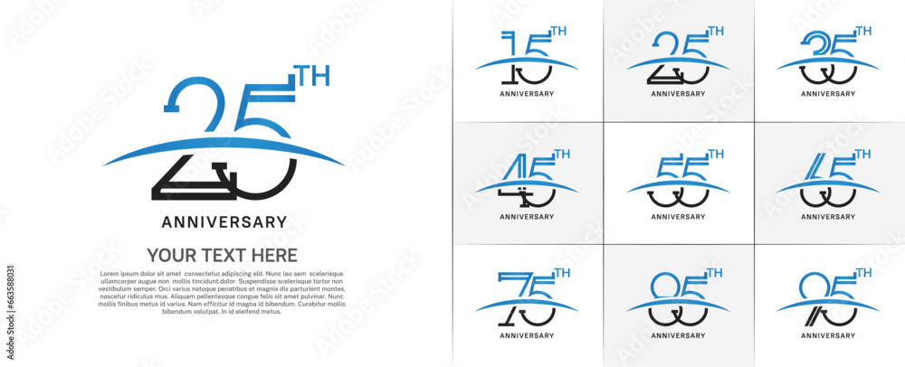 set of anniversary logotype black and blue color with swoosh for special celebration event - obrazy, fototapety, plakaty 