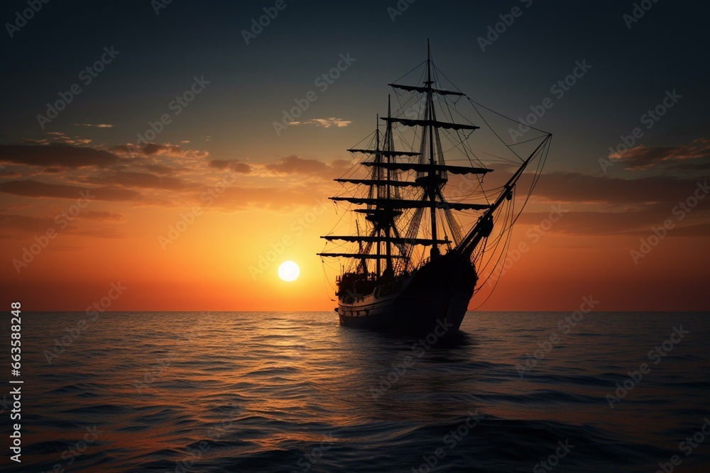 sunset view of a ship. Generative AI