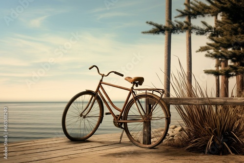 An artwork capturing a bicycle resting by a pier alongside a serene body of water. Generative AI photo