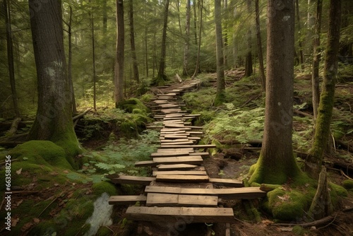 A wooden path in a crowded forest depicts decision-making. Generative AI