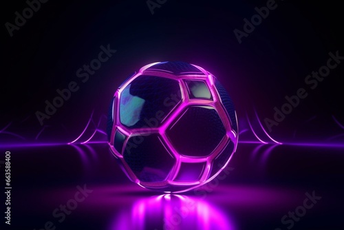 Futuristic soccer ball glows with neon lights on shiny purple backdrop, digitally created in 3D. Generative AI © Kairos