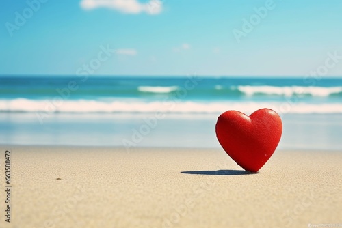 Romantic beach setting with a red heart on sandy shore and the ocean in the background. Wanderlust, affection, vacation. Generative AI