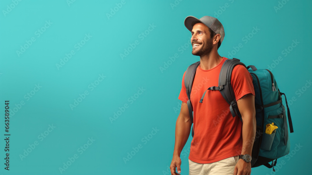 Man tourist with big bag, backpack, isolated on blue background. - obrazy, fototapety, plakaty 