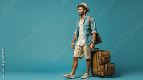 Man tourist with big bag, backpack, isolated on blue background. photo