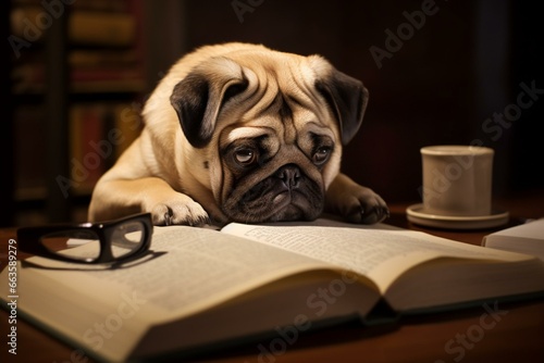 A pug student engrossed in studying. Generative AI