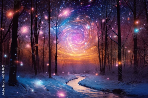 Luminous celestial display casting vibrant hues in a snowy woodland landscape. Generative AI © Kato
