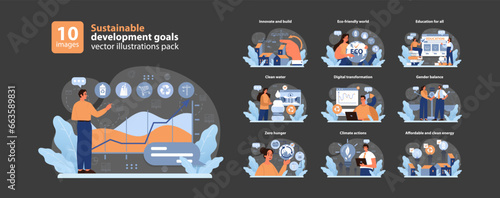 SDG or sustainable development goals night or dark mode set. Global