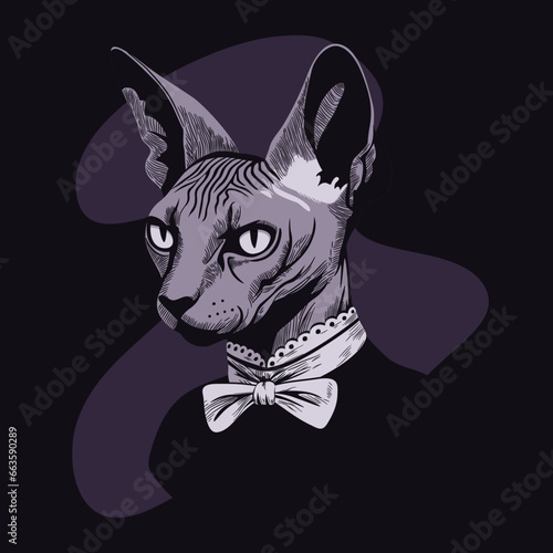 Kot rasy Sfinks w eleganckim stroju. Portret w gotyckim stylu. Prosta ilustracja wektorowa.