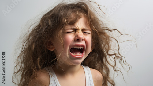 Cute little child is crying on a white background. Сlose-up portrait of a crying baby