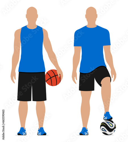 Sports men with basketball and football balls, vector illustration isolated on white background.