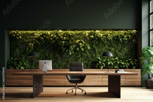 Render of vacant green wall in contemporary interior with wooden office. Generative AI photo