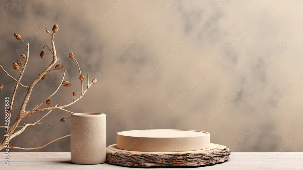 On a beige background, a rustic podium with dried branches and a cylinder shape. Mockups for products, cosmetics, fragrances, and jewelry. - obrazy, fototapety, plakaty 