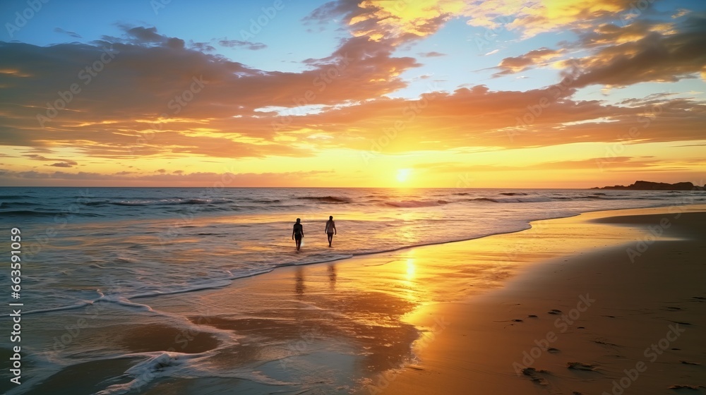 A Serene Beach at Sunset with Golden Sands and Gentle Waves