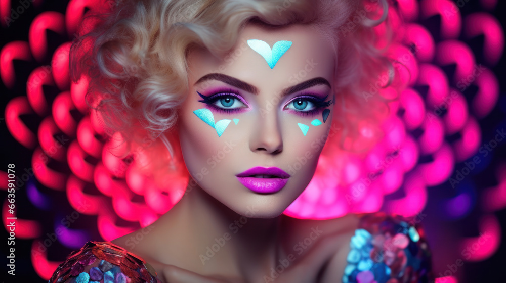 High Fashion model girl in colorful bright sparkles and neon lights posing in studio, portrait of beautiful sexy woman, trendy glowing make-up. Art design colorful make up. Glitter Vivid neon makeup High Fashion model girl in colorful bright sparkles and neon lights posing in studio, portrait of beautiful sexy woman, trendy glowing make-up. Art design colorful make up. Glitter Vivid neon makeup