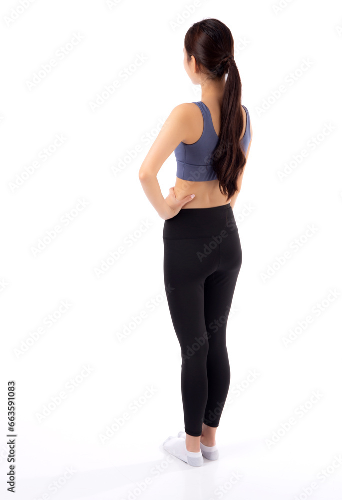 Portrait of beautiful young asian woman in sportswear showing waist and abs isolated on white background, sport and exercise for health, female slimming with confident and wellness, back view. Portrait of beautiful young asian woman in sportswear showing waist and abs isolated on white background, sport and exercise for health, female slimming with confident and wellness, back view.
