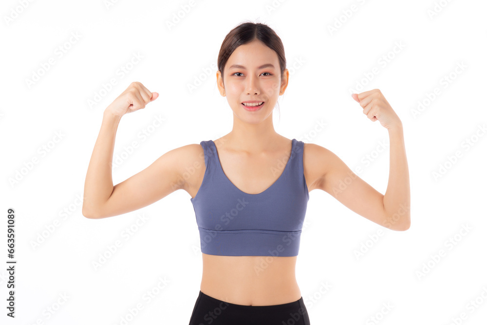 Portrait of beautiful young asian woman in sportswear showing strong muscles isolated on white background, sport and exercise for health, training and strength, female slimming with confident. Portrait of beautiful young asian woman in sportswear showing strong muscles isolated on white background, sport and exercise for health, training and strength, female slimming with confident.
