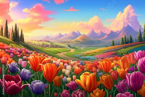 Illustration of a colorful tulip field and various flowers. Generative AI