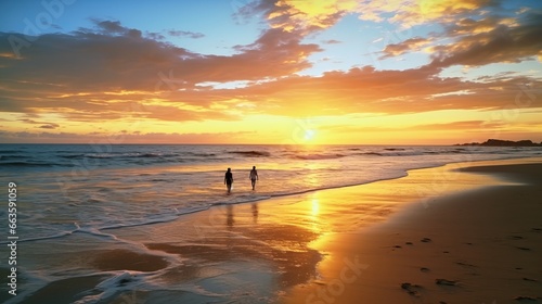 A Serene Beach at Sunset with Golden Sands and Gentle Waves