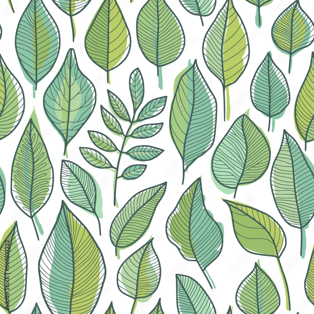 Floral Pattern Grey Green Outline and Light Green, Chartreuse Color Leaves on White Background, Wallpaper Design for Printing on Fashion Textile, Fabric, Wrapping Paper, Packaging