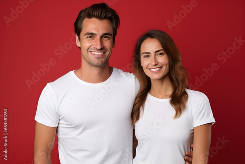 Happy Young Couple Smiling. Isolated on a plain colored background. Generative AI.
