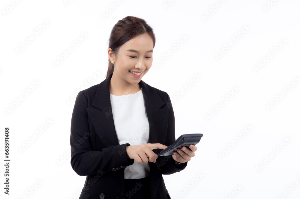 Portrait young asian businesswoman using calculator for calculate expense and budget for saving isolated white background, business woman or manager calculate tax, business and finance concept. Portrait young asian businesswoman using calculator for calculate expense and budget for saving isolated white background, business woman or manager calculate tax, business and finance concept.
