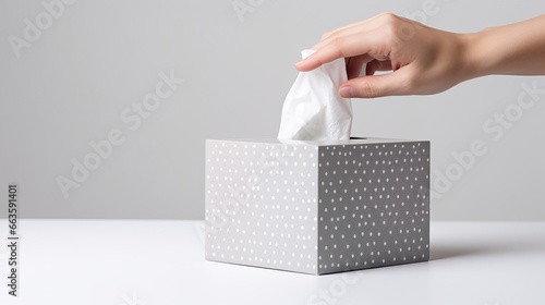 Delicate female hand pulling a tissue from a grey tissue box, on simple background with copy space