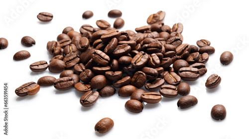 Roasted coffee beans in a placer  a lot of beans lies and levitates  isolated  on a white background