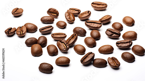 Roasted coffee beans in a placer, a lot of beans lies and levitates, isolated, on a white background