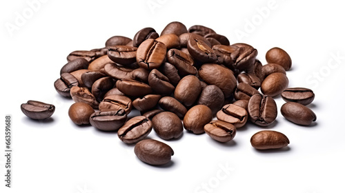 Roasted coffee beans in a placer, a lot of beans lies and levitates, isolated, on a white background