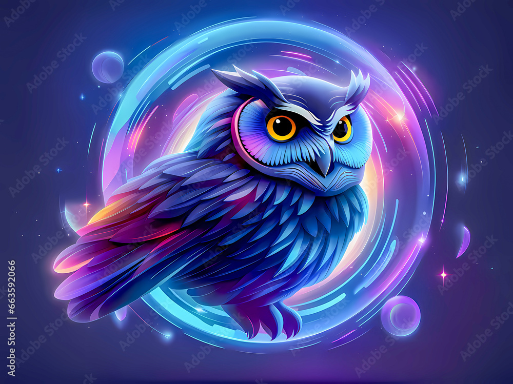 Naklejka premium Bright colorful furry owl on a black background to use for a logo as a symbol of wisdom. AI-generated image, digital illustration.